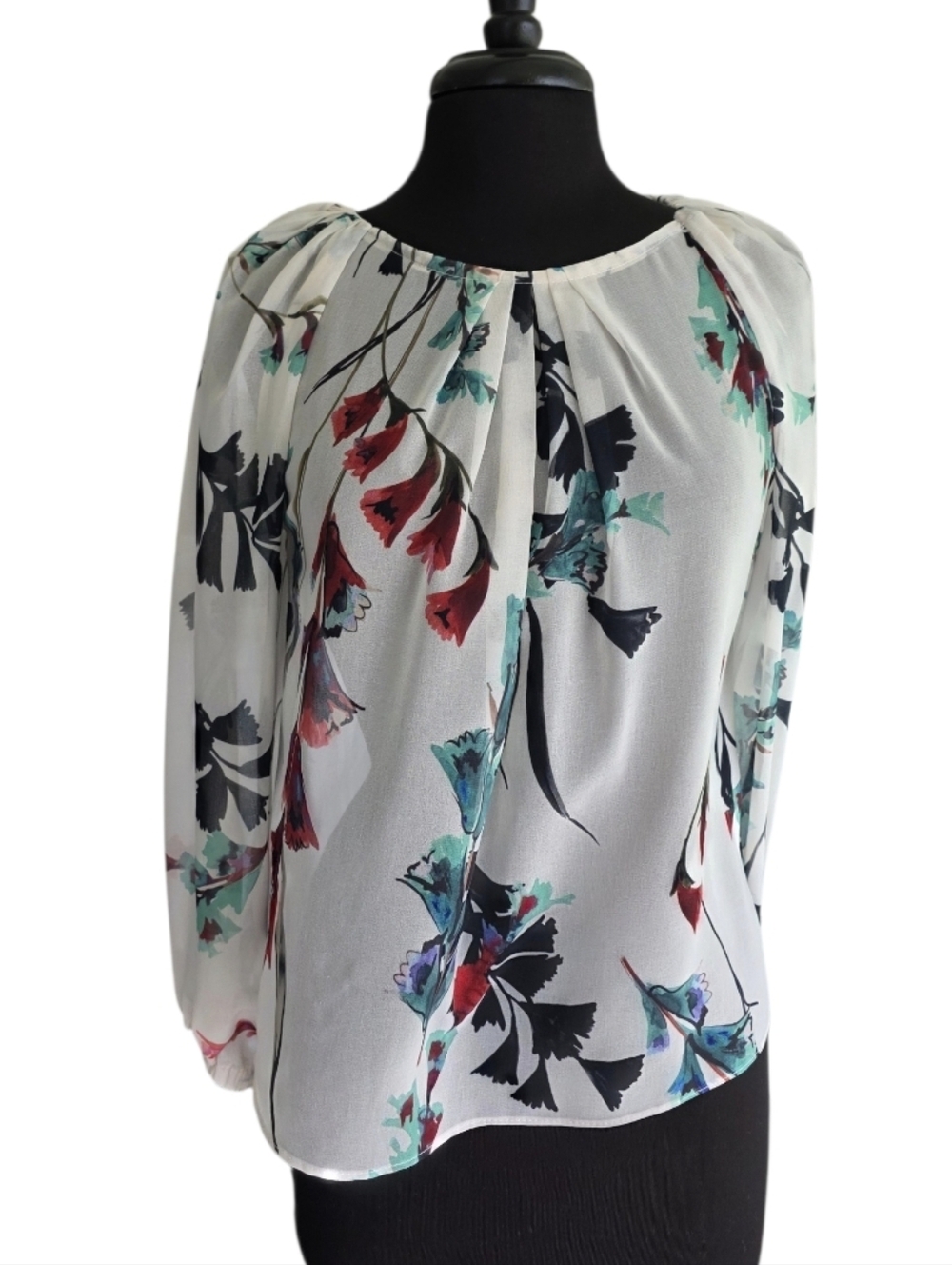 Carla Ruiz Luxury Boho Top White Floral Peasant Blouse with Teal & Red Accents